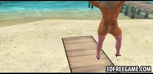  On the beach a sexy blonde 3D whore is stripping